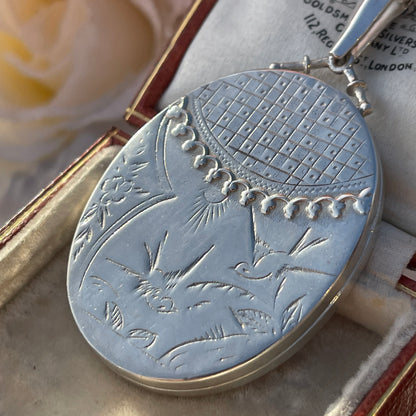 Sterling Silver XL Swallow Floral Engraved Victorian Revival Locket