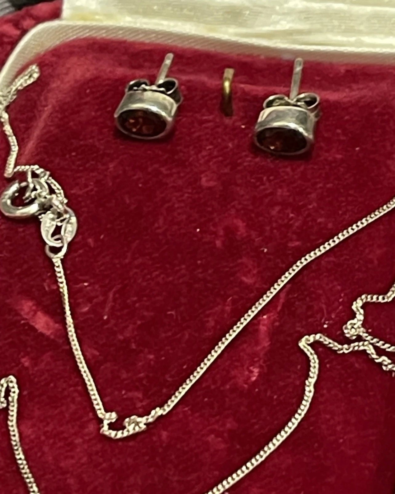 Vintage Sterling Silver Garnet Necklace Earrings Set