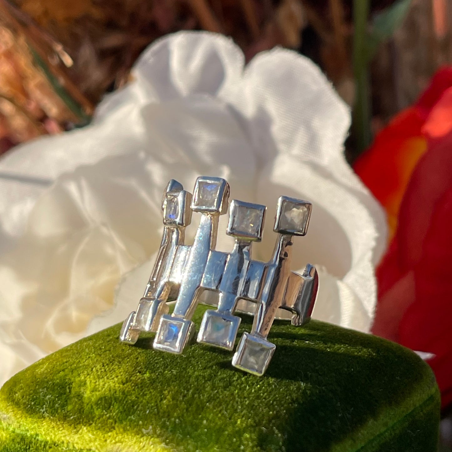 Vintage Sterling Silver Moonstone Square Modernist Statement Ring P