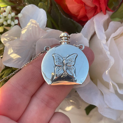 Vintage Silver Butterfly Perfume Bottle Pendant Necklace