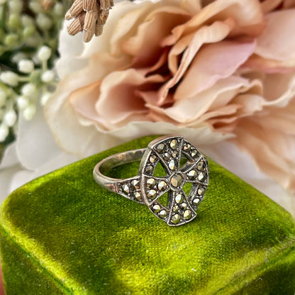 Unreleased: Art Deco Sterling Silver Celtic Cross Marcasite Ring O