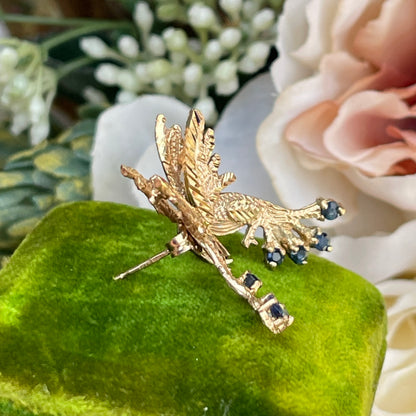 Vintage 9ct Yellow Gold Sapphire Hummingbird Bird Stud Earrings Rare 2.9g