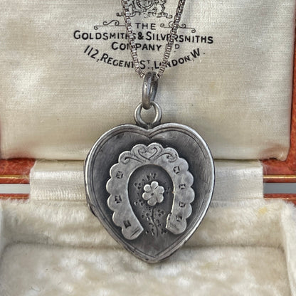 Antique Victorian Sterling Silver Heart Horseshoe Locket 1897