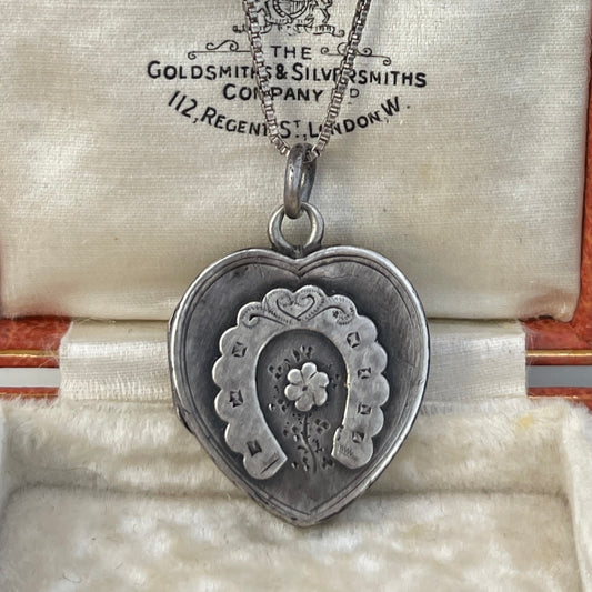 Antique Victorian Sterling Silver Heart Horseshoe Locket 1897