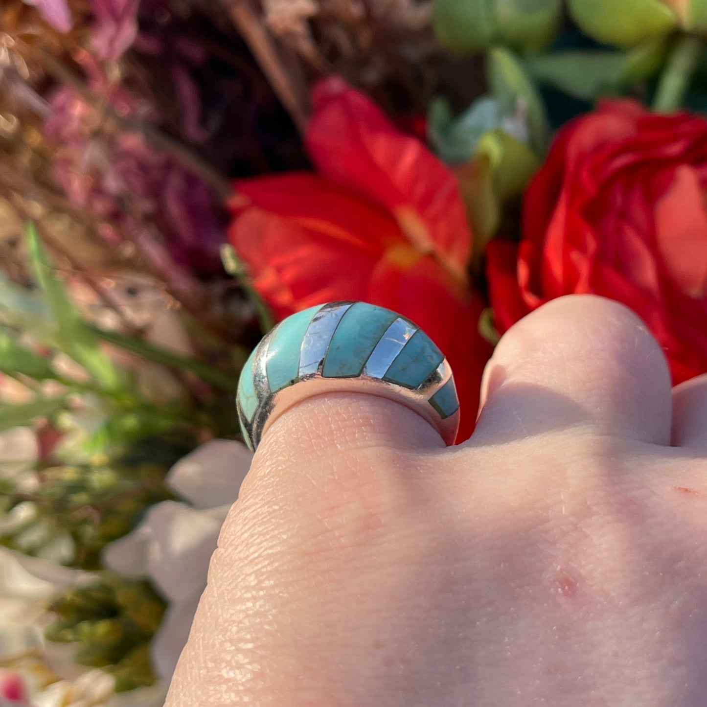 Sterling Silver Turquoise Stripe Bombe Ring Statement Chunky L-M