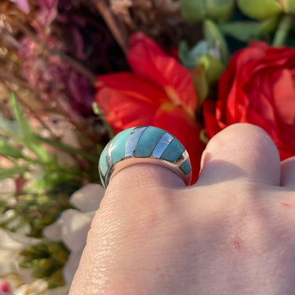 Sterling Silver Turquoise Stripe Bombe Ring Statement Chunky L-M