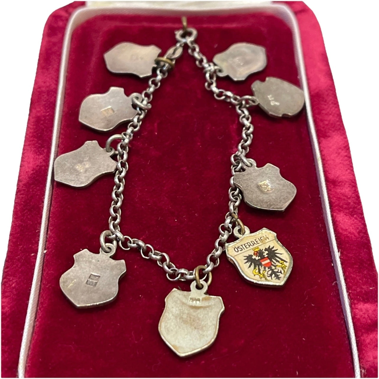 Vintage Sterling Silver Charm Bracelet Shield Travel Austria Belgium