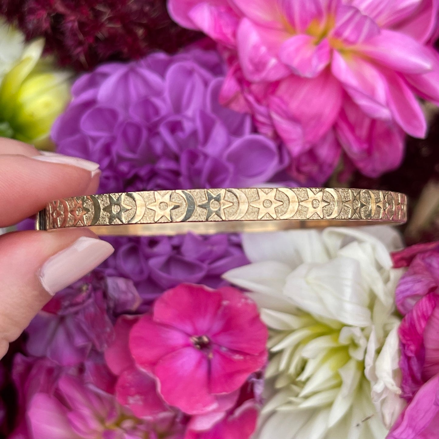 Vintage Rolled Gold Stars Moons Etched Bangle Bracelet