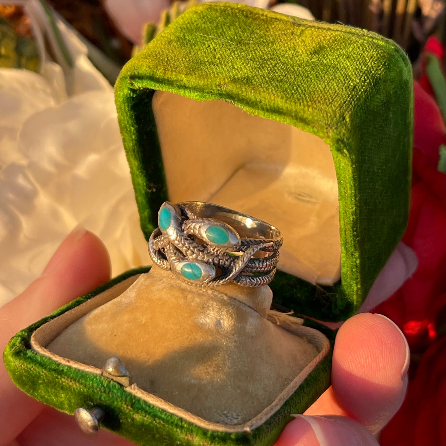 Vintage Antique Sterling Silver Turquoise triple snake ring N