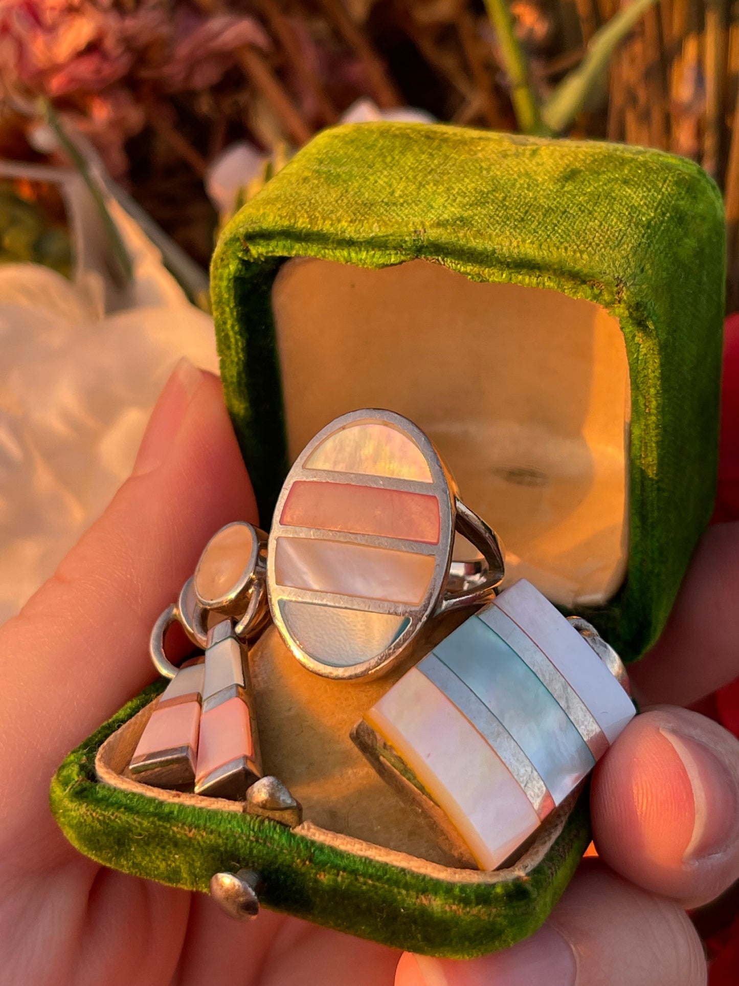 Vintage Sterling Silver Mother Of Pearl Quad Tone Ring Earrings Pendant Set