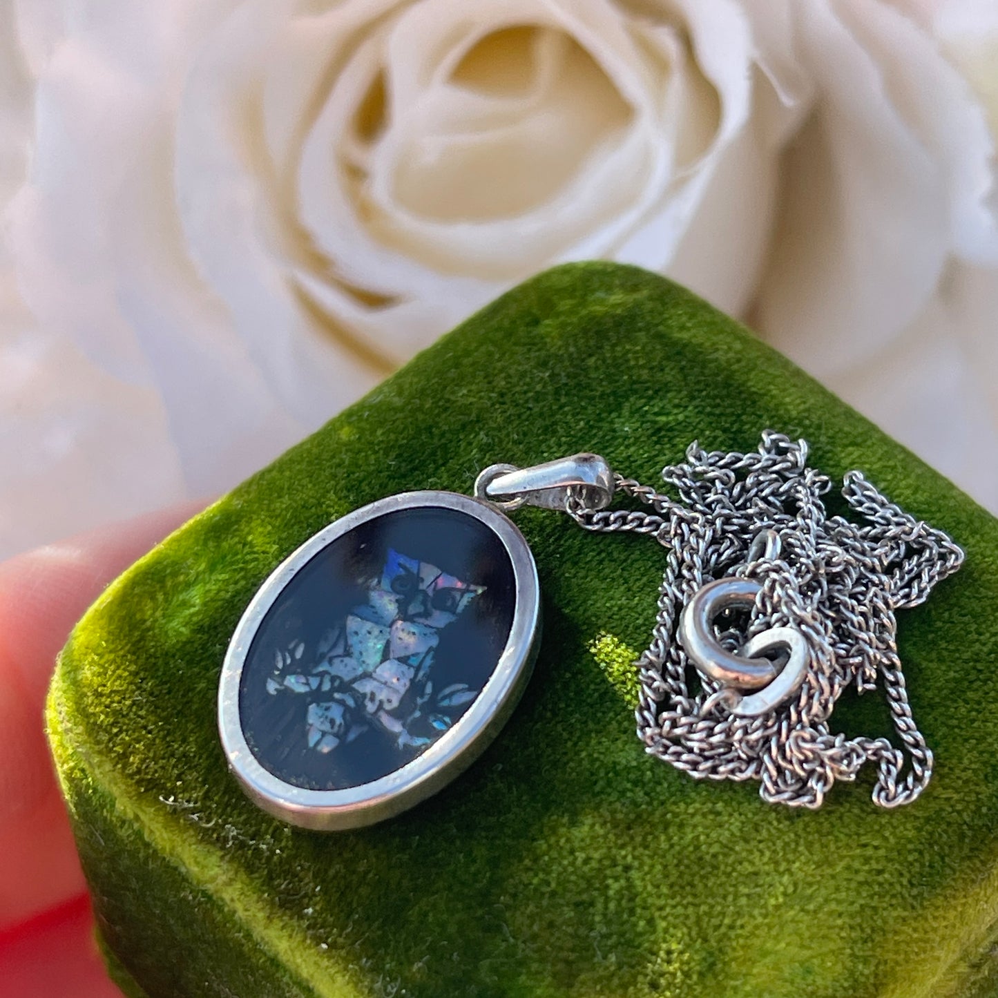 Vintage Sterling Silver Opal Mosaic Inlay Owl Pendant Necklace