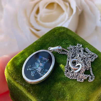 Vintage Sterling Silver Opal Mosaic Inlay Owl Pendant Necklace