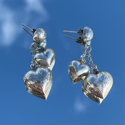 Vintage Silver Puffy Heart Charm Earrings