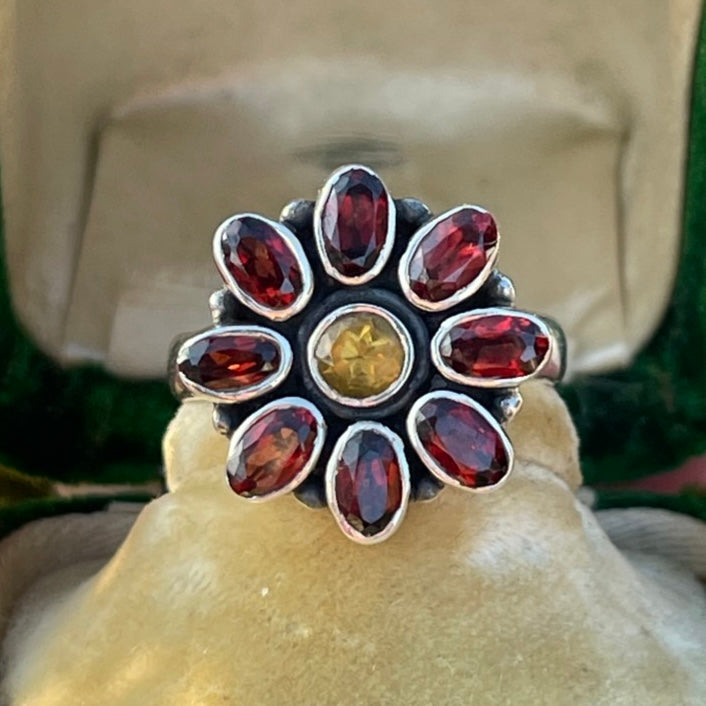 Vintage Sterling Silver Garnet And Citrine Flower Ring Indian P