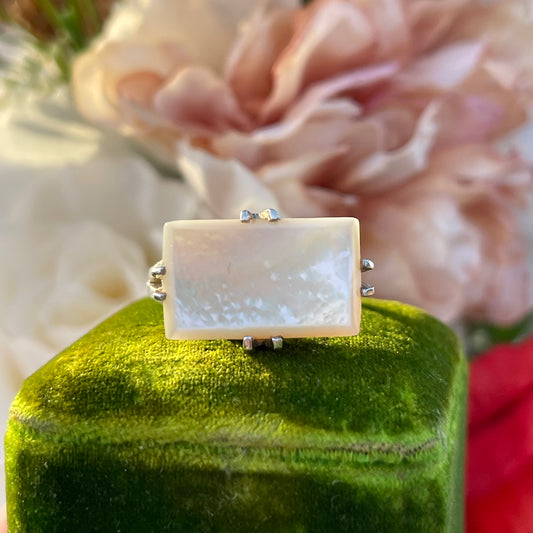 Vintage Sterling Silver Mother Of Pearl Ring Rectangular heavy S 9g