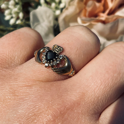 Vintage 9ct Gold Claddagh Ring heart hands Crown Sapphire Q R 2g