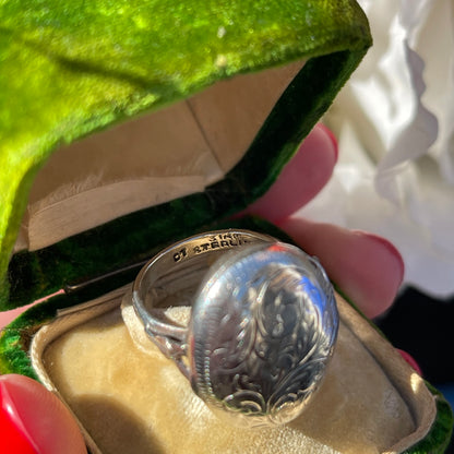 Vintage Sterling Silver Locket Ring Engraved Filigree Etched N