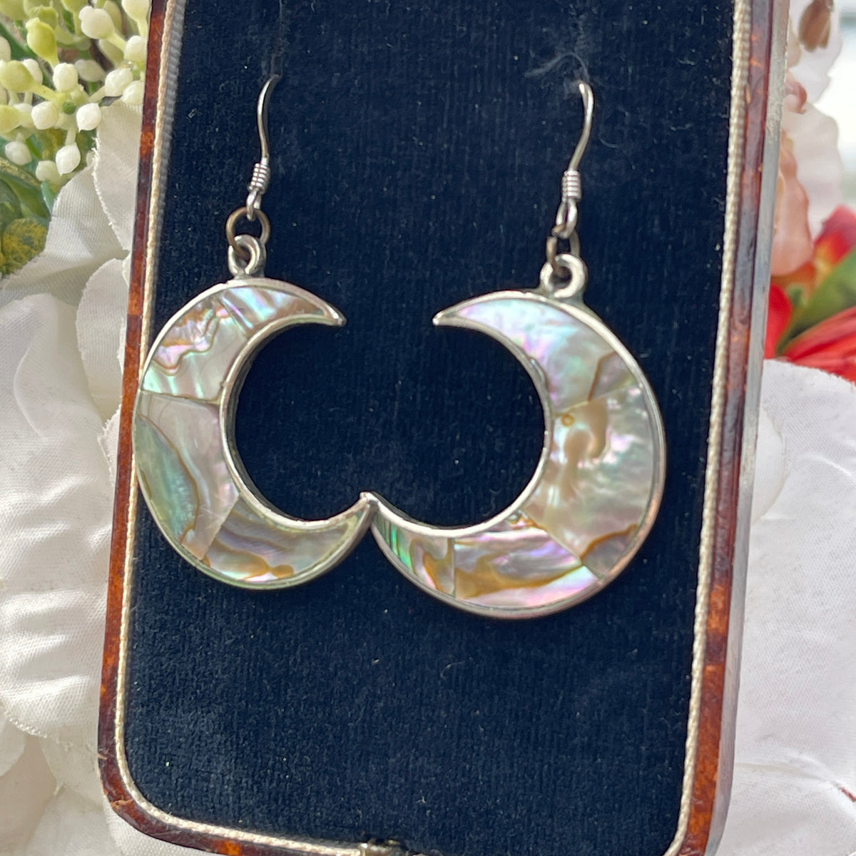 Vintage Silver Abalone Crescent Moon Drop Earrings