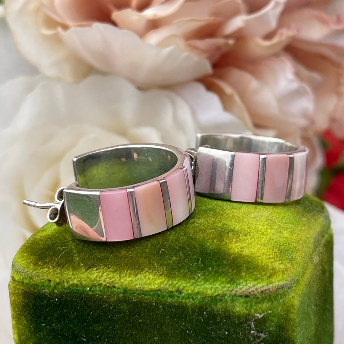 Sterling Silver Pink Mother Of Pearl Bold Half Hoop Earrings