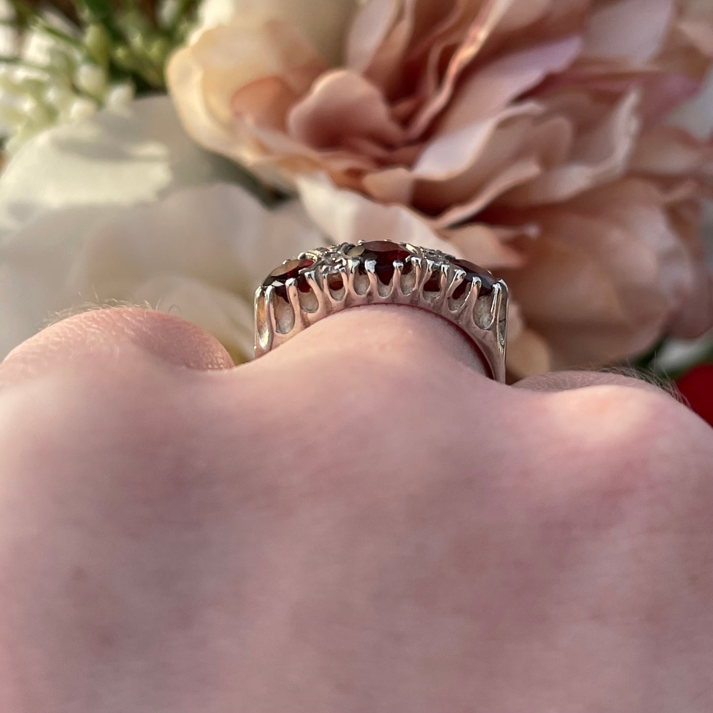 Vintage Sterling Silver 3 triple stone Gypsy Ring Victorian inspired 1977 Q 4.4g