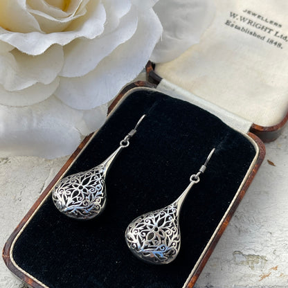 Vintage Sterling Large Open work Filigree Tear Drop Dropper Earrings