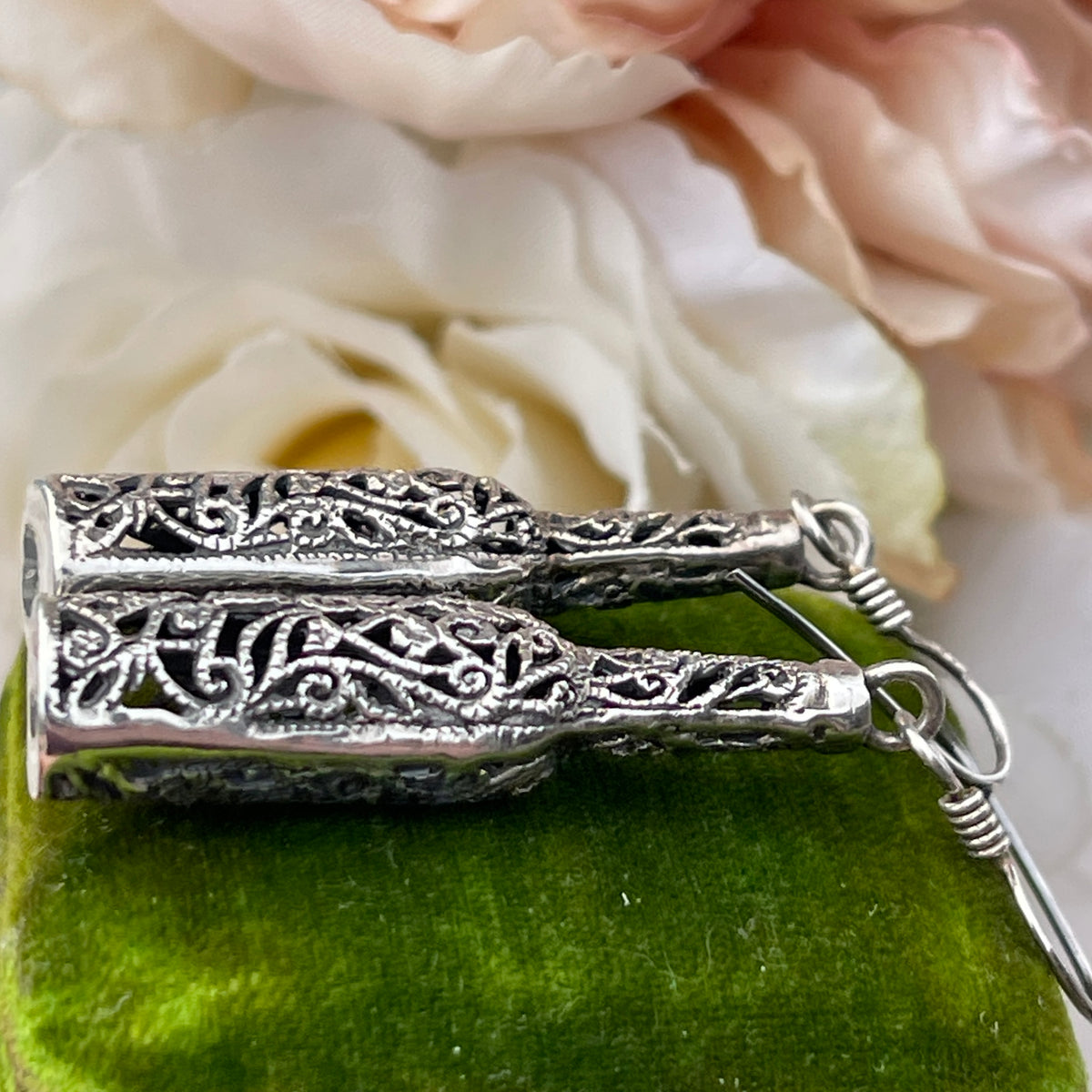 Vintage Sterling Silver Filigree Wine Bottle Drop Earrings