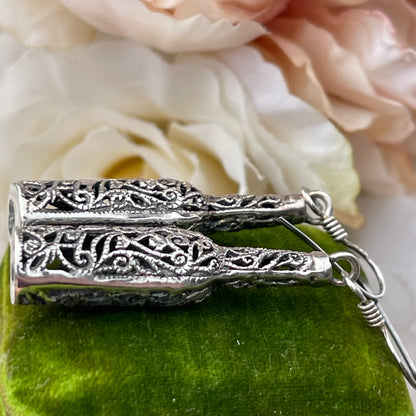 Vintage Sterling Silver Filigree Wine Bottle Drop Earrings