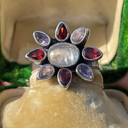 Sterling Silver Moonstone Amethyst Garnet Crystal Flower Ring M
