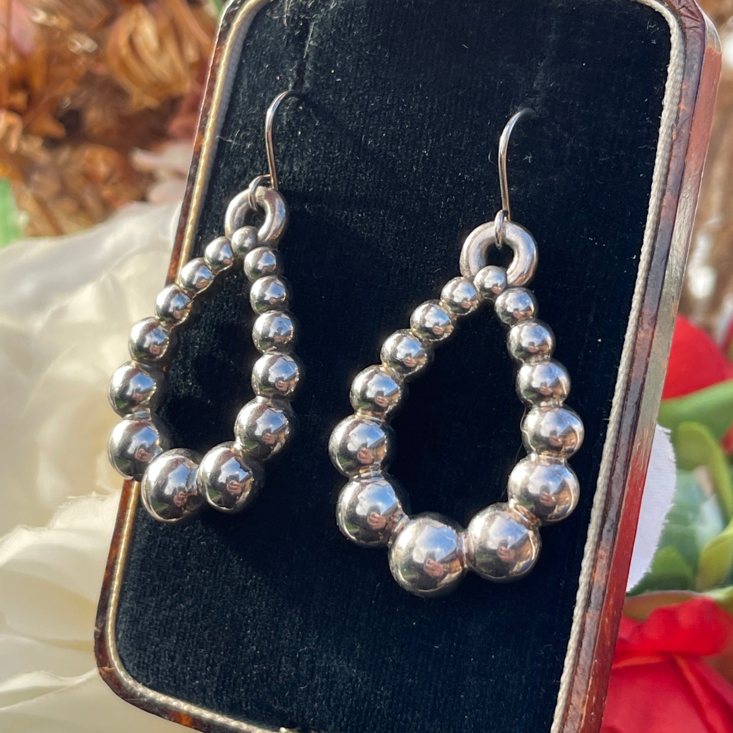 Chunky Silver Droplet Teardrop Hoop Dropper Earrings