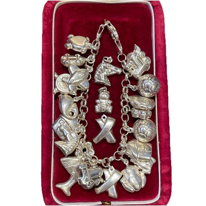 Vintage Sterling Silver puffy Charm Bracelet 22 charms