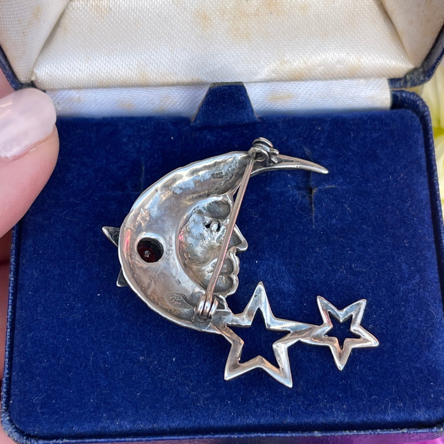 Vintage Sterling Silver Crescent Moon Garnet Brooch