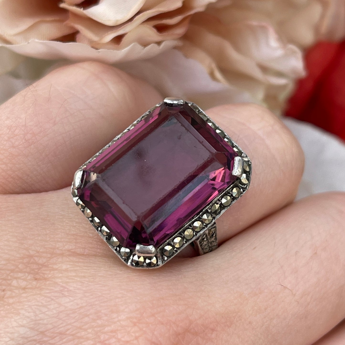Unreleased: Art Deco Sterling Silver Huge Amethyst Cocktail Ring P