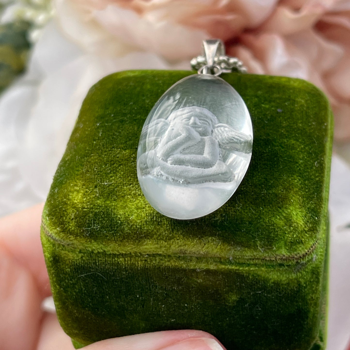 Unreleased: Sterling Silver Intaglio Angel Rock Crystal Pendant Necklace