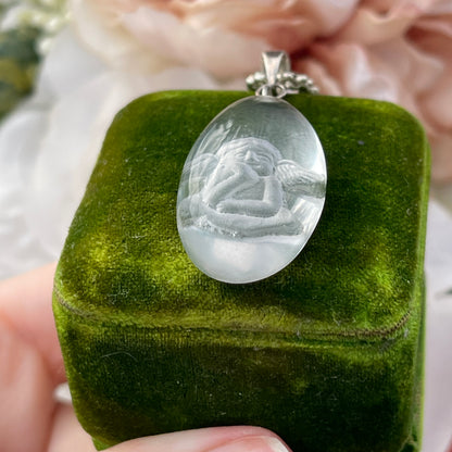 Unreleased: Sterling Silver Intaglio Angel Rock Crystal Pendant Necklace
