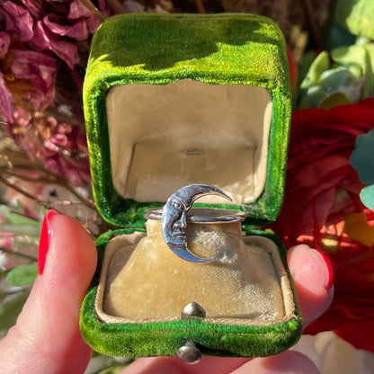 Sterling Silver Crescent Moon Face Ring Vintage Victorian Look Celestial Style S