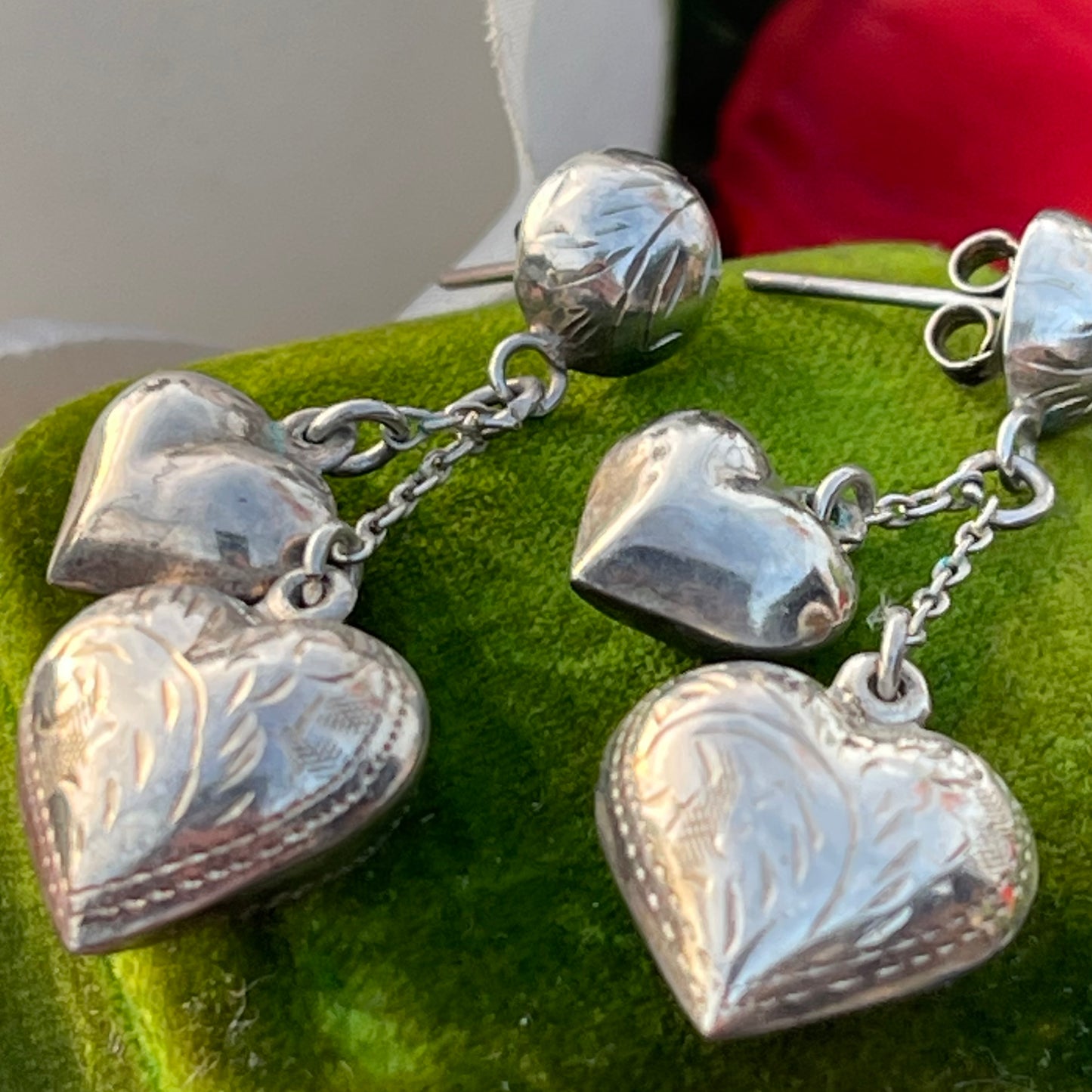 Vintage Sterling Silver Puffy Heart Charm Earrings