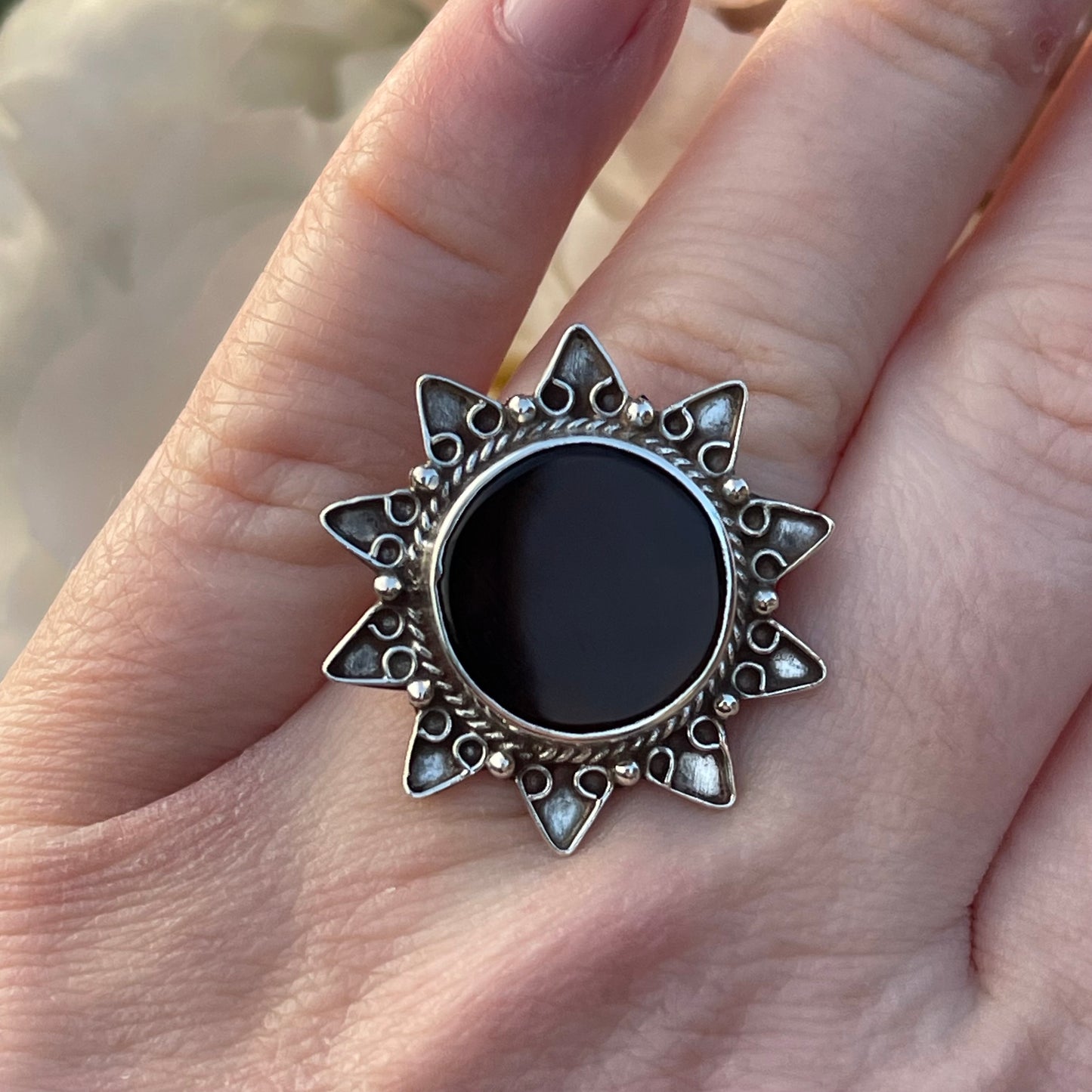 Vintage Sterling Silver 90s Indian Sun Burgundy Ring M 6.4g