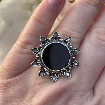 Vintage Sterling Silver 90s Indian Sun Burgundy Ring M 6.4g