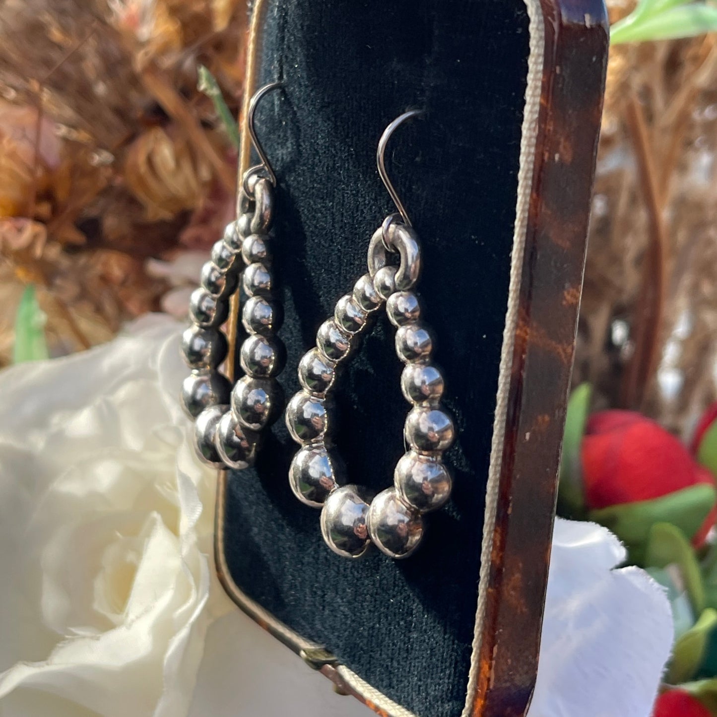 Chunky Silver Droplet Teardrop Hoop Dropper Earrings