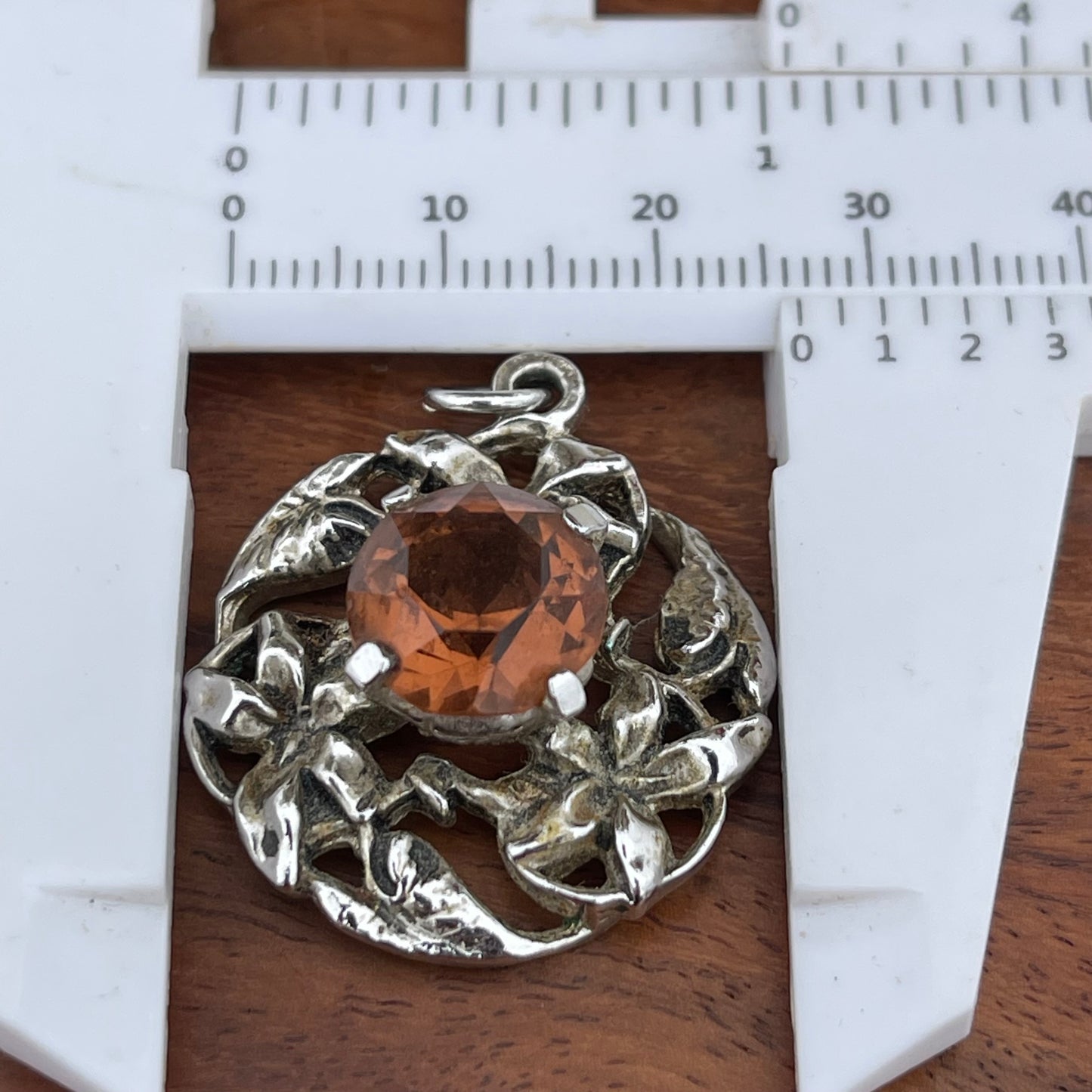 Vintage Art Nouveau Style Silver Tone Citrine Orange Glass Pendant