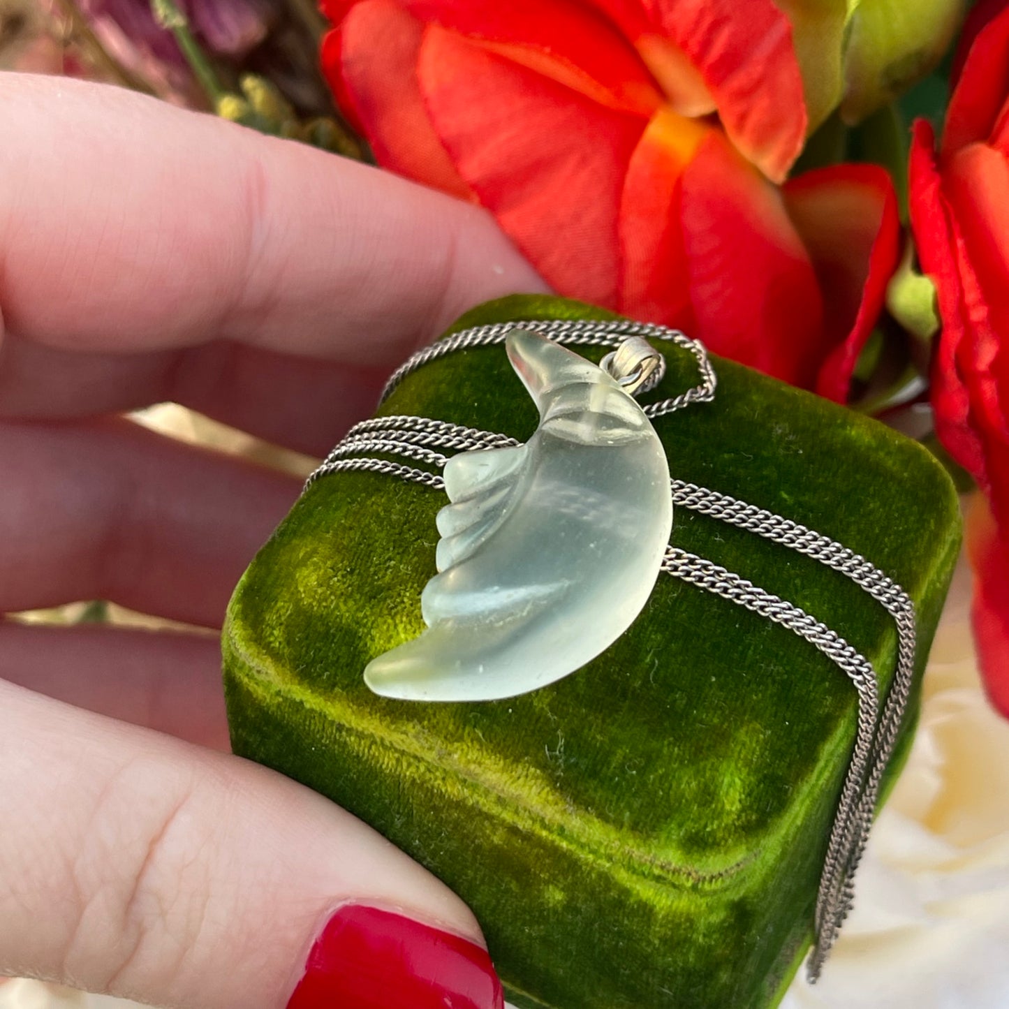 Vintage Sterling Silver Glass Moon Face Pendant Necklace