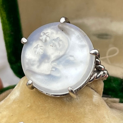 Sterling Silver Iridescent Moon & Stars Ring Vintage Celestial Style Q