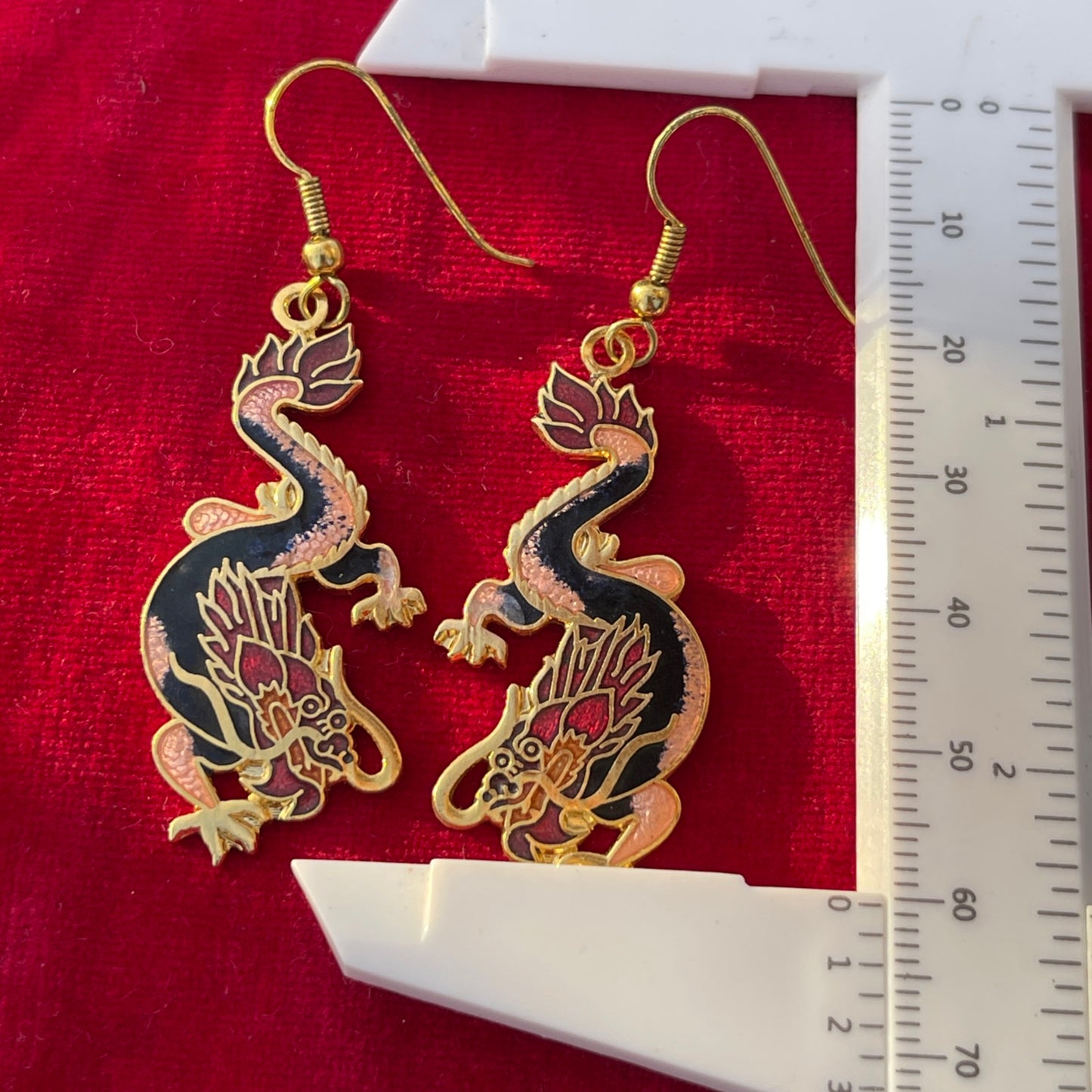 Vintage Cloisonné Mystical Black Pink Dragon Dropper Earrings