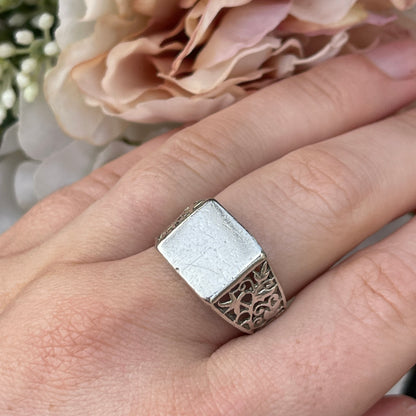 Unreleased: Antique Sterling Silver Openwork Filigree Signet Ring Q