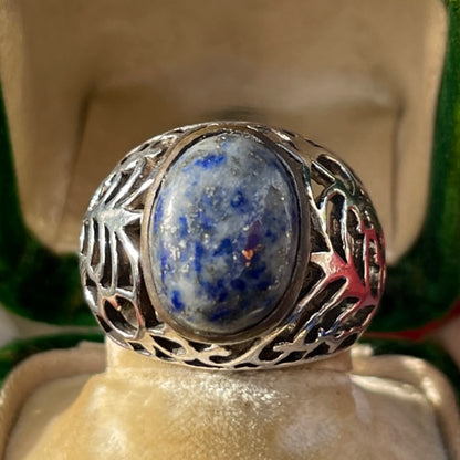 Vintage Sterling Silver Chunky Openwork Blue Ring P/Q