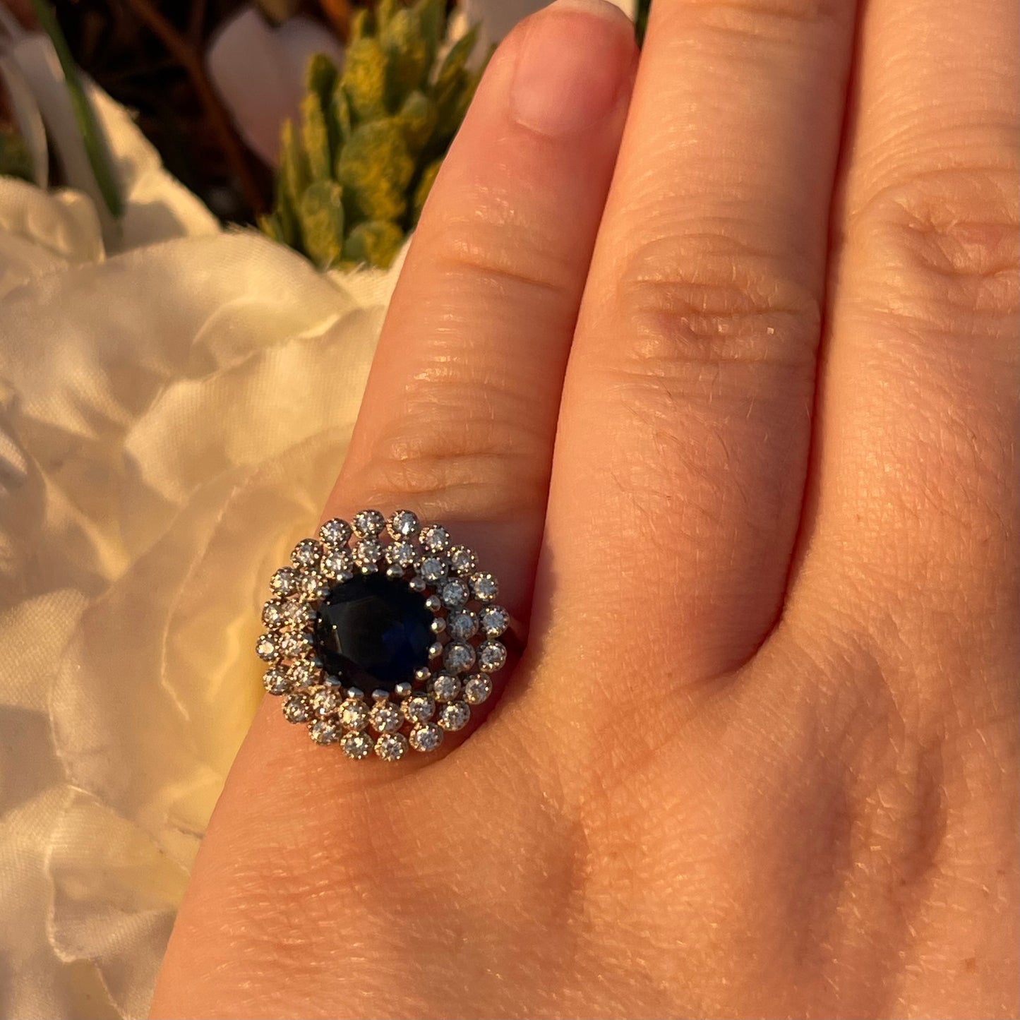 Vintage Sterling Silver 1950s Sapphire Glass Cocktail ring L