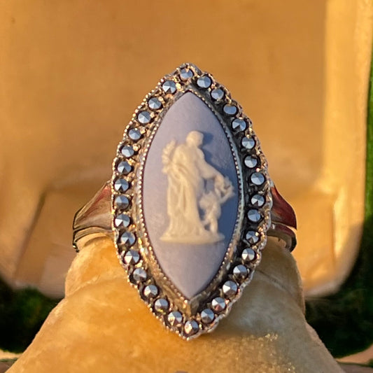 Vintage Sterling Silver Venus & Cupid Wedgwood Blue Cameo Marcasite ring N