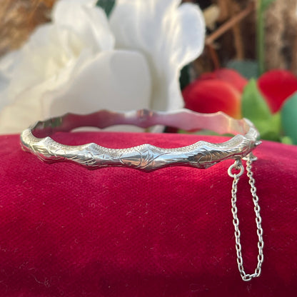 Vintage Sterling Silver Slim Etched Bamboo Bangle Bracelet