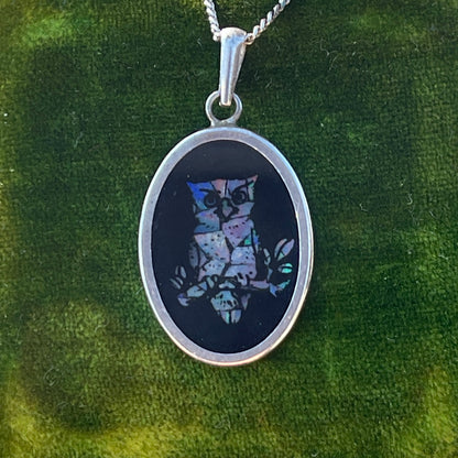 Vintage Sterling Silver Opal Mosaic Inlay Owl Pendant Necklace