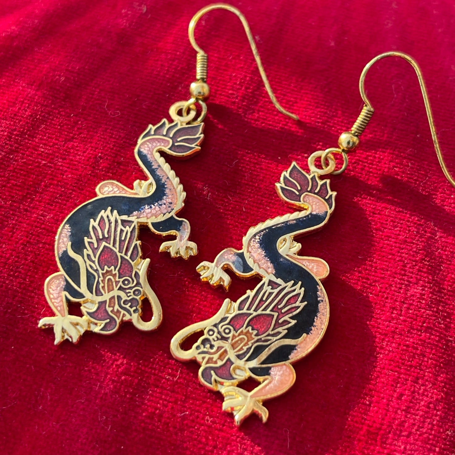 Vintage Cloisonné Mystical Black Pink Dragon Dropper Earrings